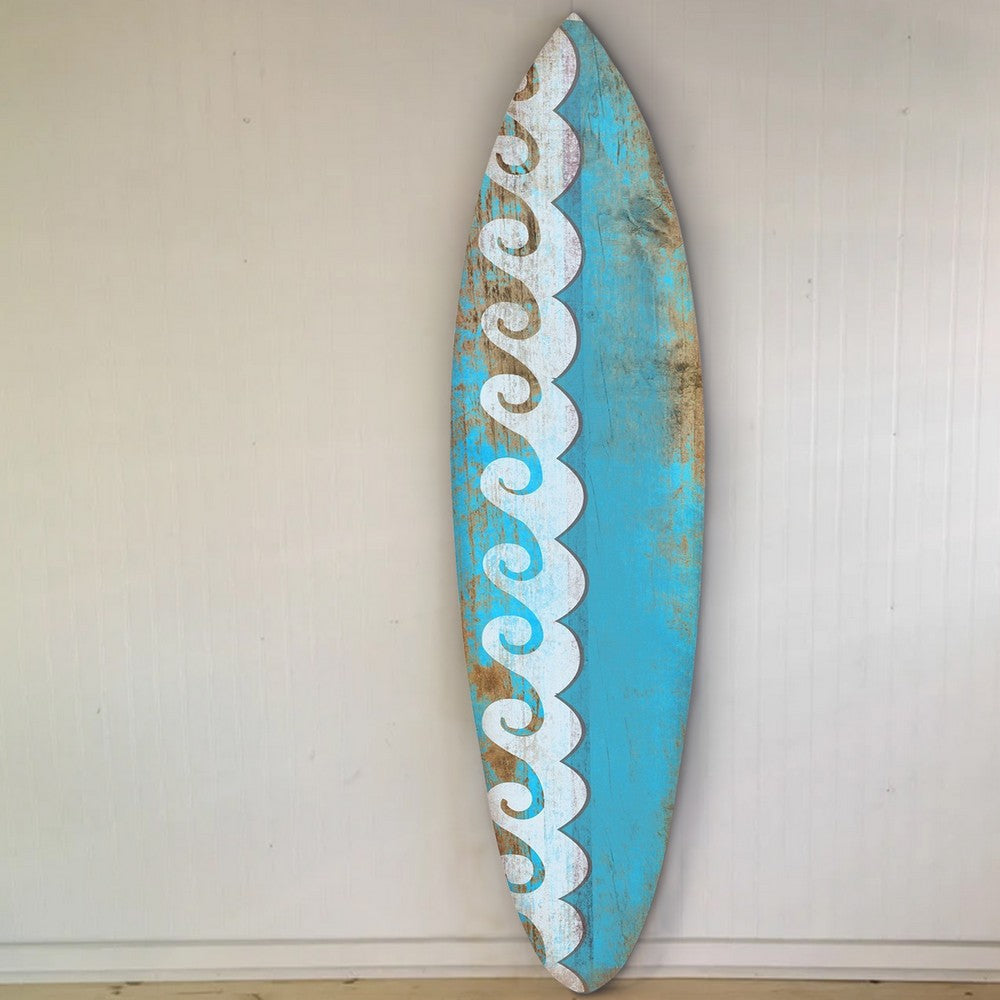 76 Inch Wooden Surfboard Wall Decor with Wave Prints Blue By Casagear Home BM238289