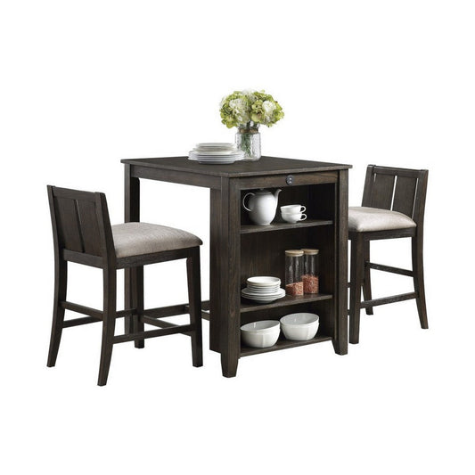 Wooden 3 Piece Counter Set with USB Plugin and Panel Back Chair, Brown By Casagear Home