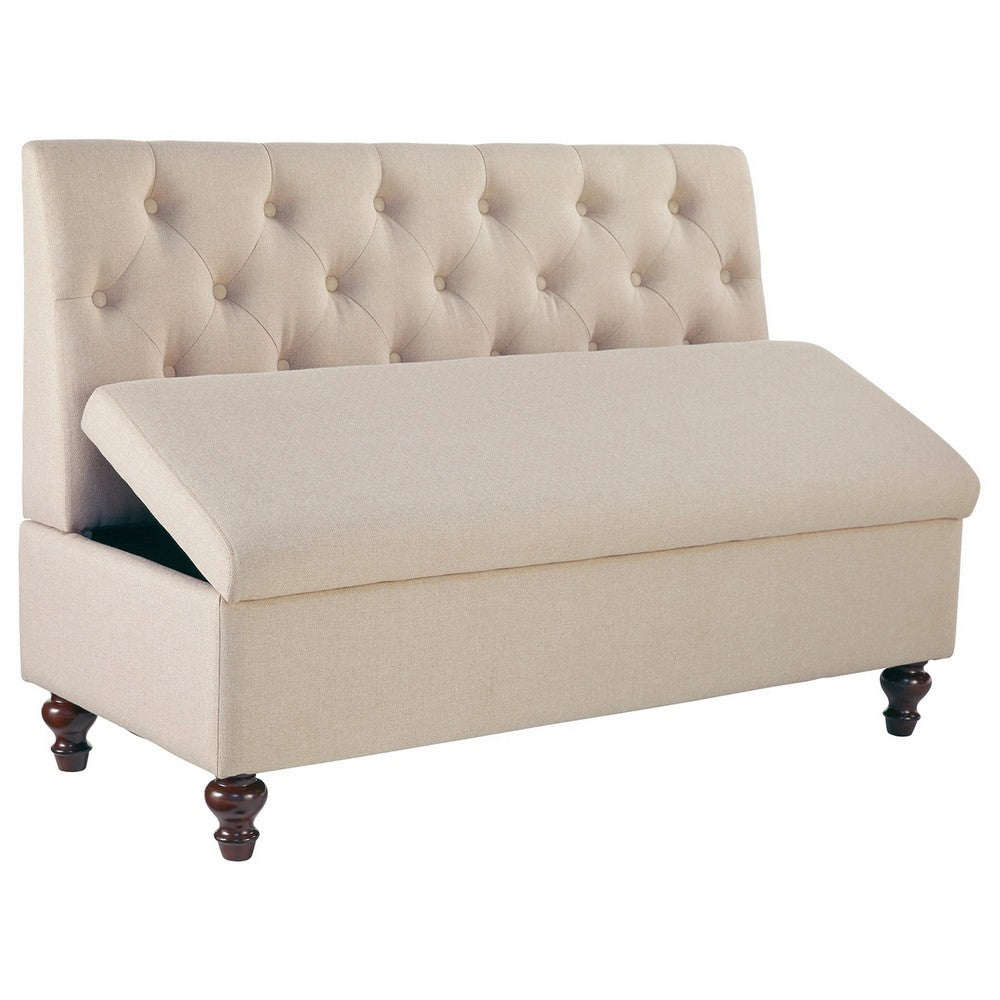 53 Inches Button Tufted Fabric Storage Bench with Turned Legs Beige - BM238375 By Casagear Home BM238375