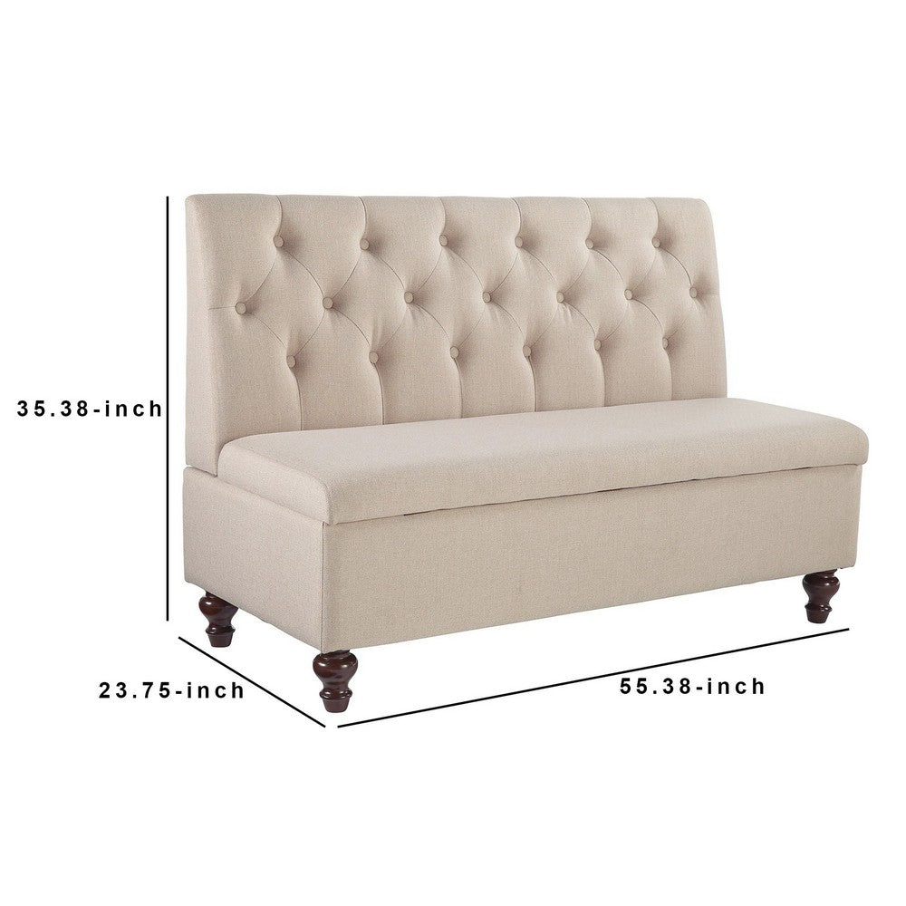 53 Inches Button Tufted Fabric Storage Bench with Turned Legs Beige - BM238375 By Casagear Home BM238375