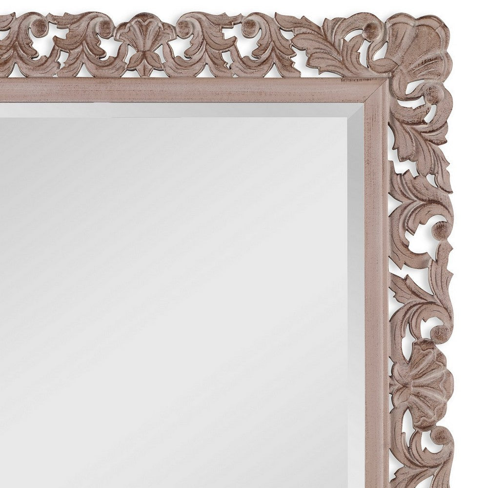 Rectangular Filigree Carved Wooden Frame Mirror Natural Brown By Casagear Home BM239288