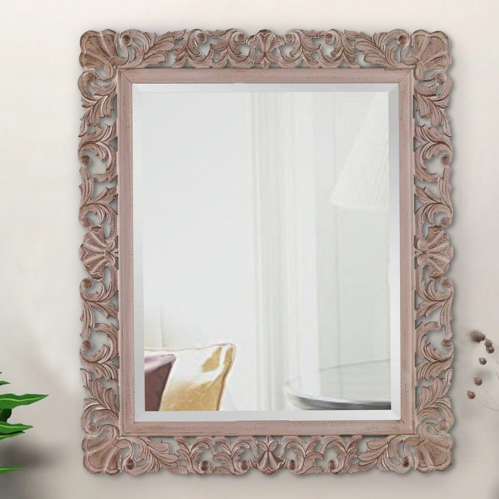 Rectangular Filigree Carved Wooden Frame Mirror Natural Brown By Casagear Home BM239288