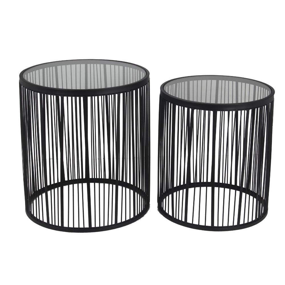 2 Piece Glass Top Accent Table with Wire Frame Design Black By Casagear Home BM239408