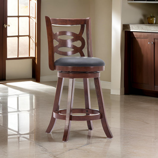 24 Inches Swivel Wooden Counter Stool with Geometric Back, Brown By Casagear Home