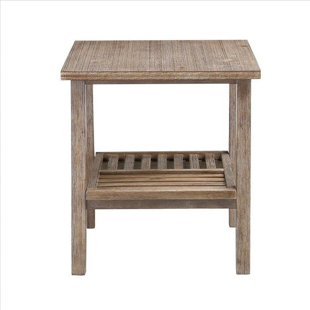 Farmhouse Wooden End Table with Slatted Bottom Shelf Rustic Brown By Casagear Home BM239722