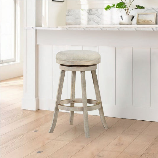 29 Inches Wooden Swivel Bar Stool with Round Fabric Seat Ivory By Casagear Home BM239736