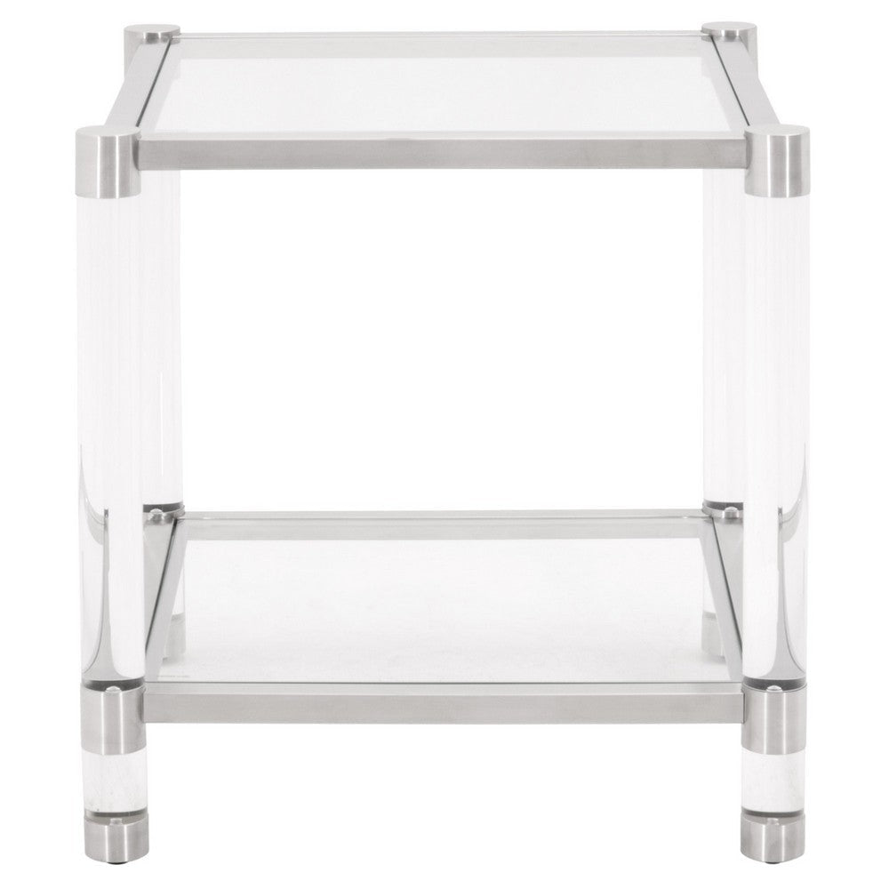 Glass Top End Table with Acrylic Legs and Metal Accents Clear Silver By Casagear Home BM239941