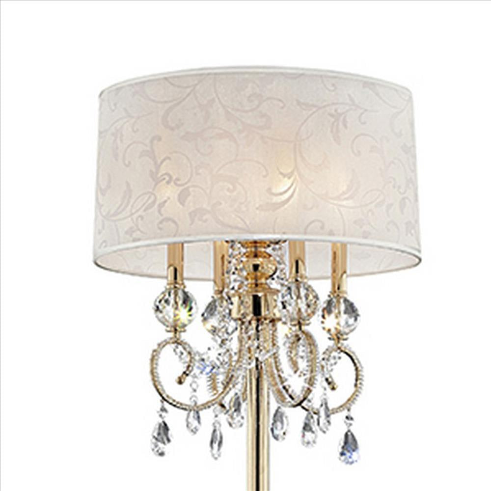 Floor Lamp with Crystal Accent and Baroque Printed Shade Gold By Casagear Home BM240436