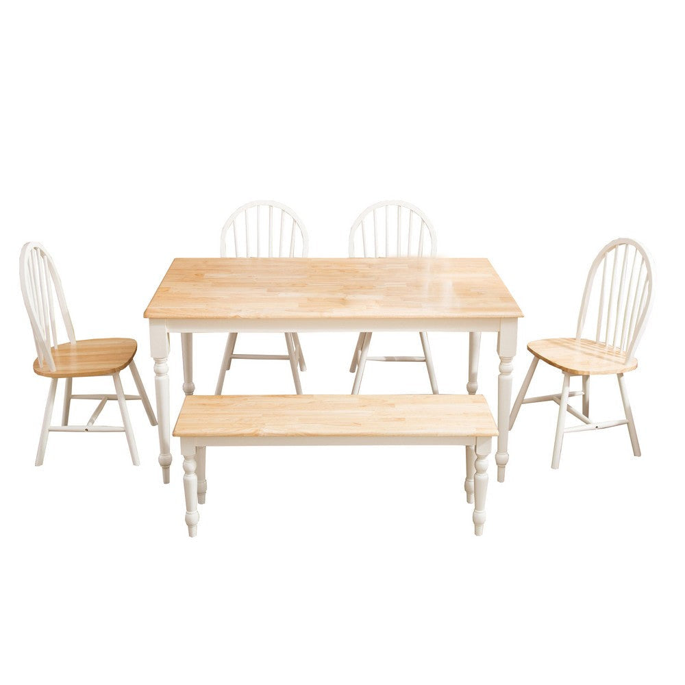 6 Piece Farmhouse Wooden Dining Set White and Brown By Casagear Home BM240817