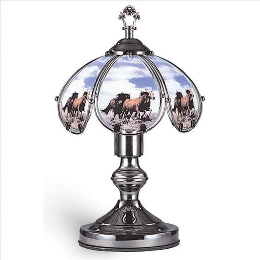 14.25'' Umbrella Shade Glass Table Lamp with Running Horses Print, Silver By Casagear Home