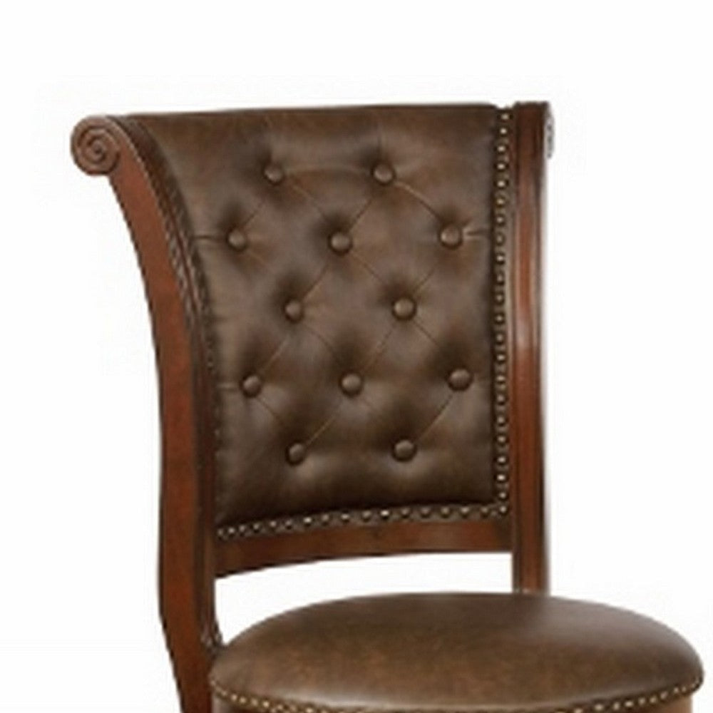 Counter Stool with Leatherette Rolled Button Tufted Back Set of 2 Brown By Casagear Home BM241294