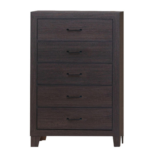 Wooden Accent Chest with 5 Drawers and Block Leg Supports, Dark Brown By Casagear Home