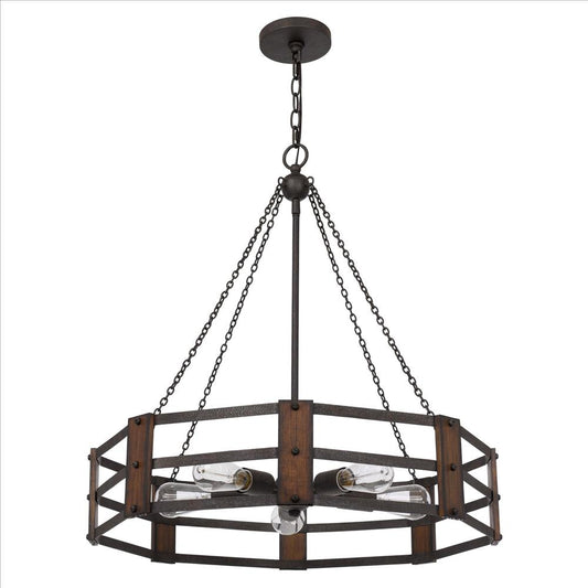 Chandelier with Octagonal Cage Design Metal Frame and Wood Accents, Brown By Casagear Home