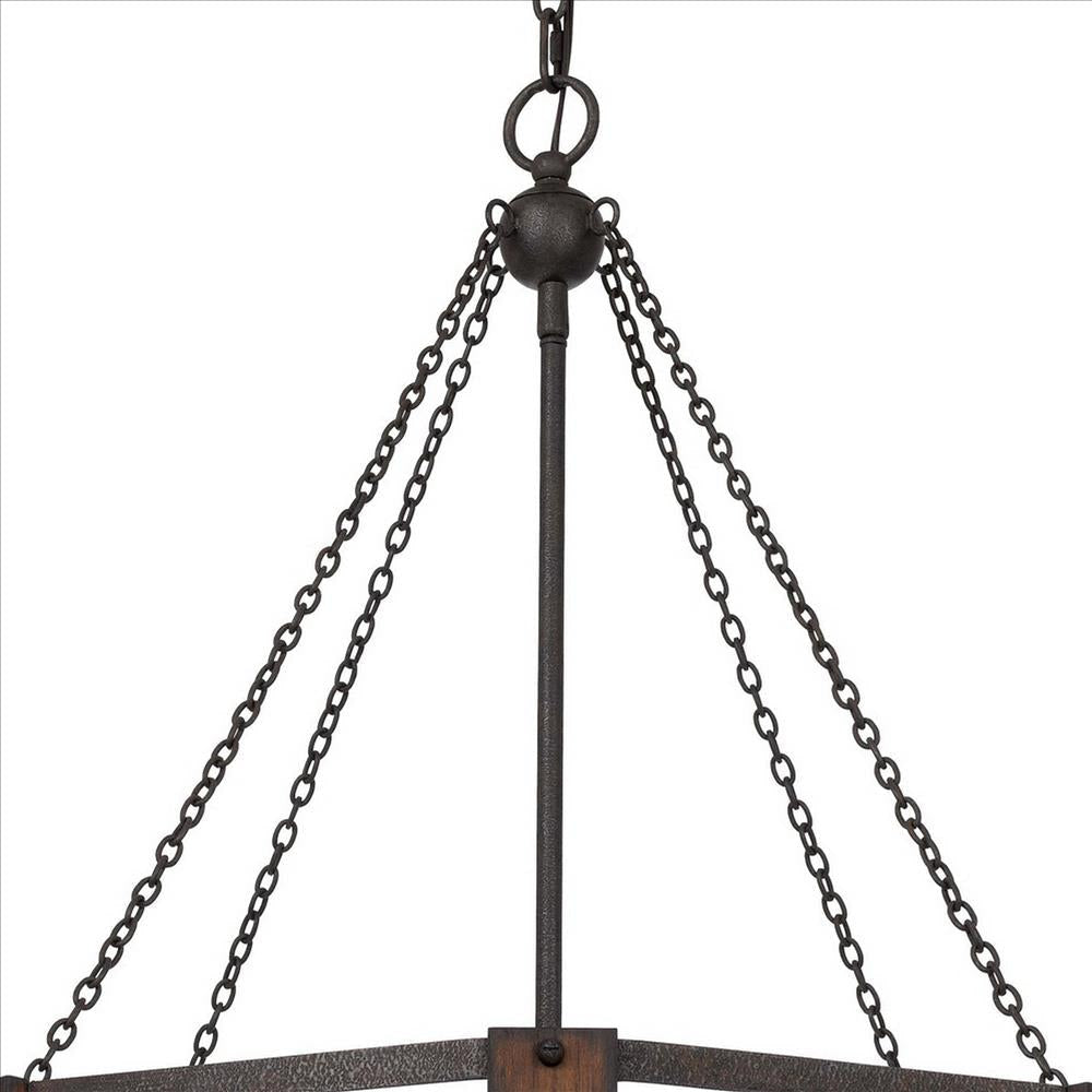 Chandelier with Octagonal Cage Design Metal Frame and Wood Accents Brown By Casagear Home BM241828