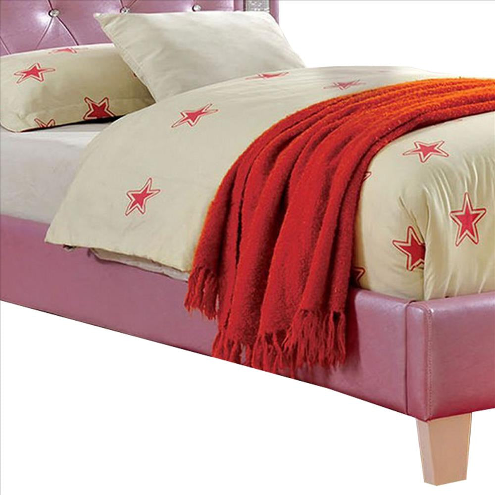 Twin Bed with Leatherette Upholstery and Crystal Button Tufting Pink By Casagear Home BM241840