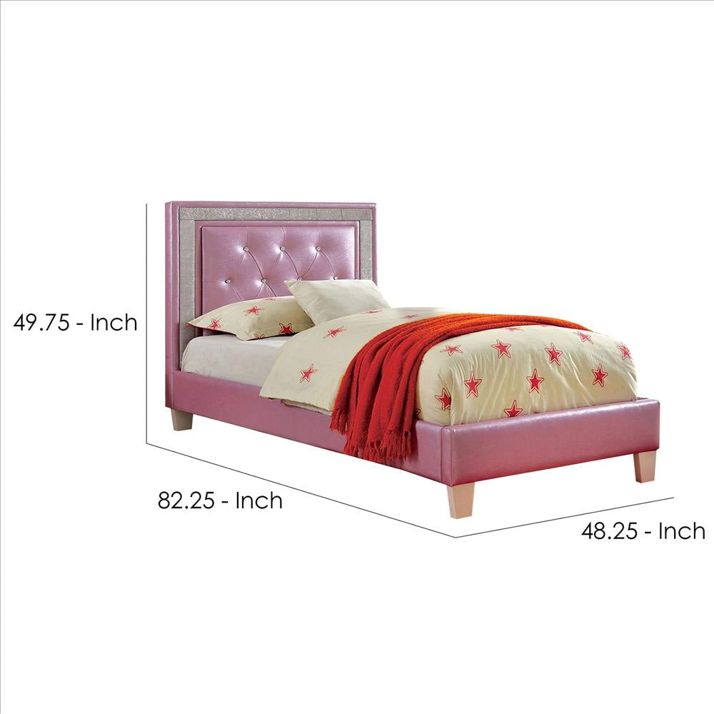 Twin Bed with Leatherette Upholstery and Crystal Button Tufting Pink By Casagear Home BM241840