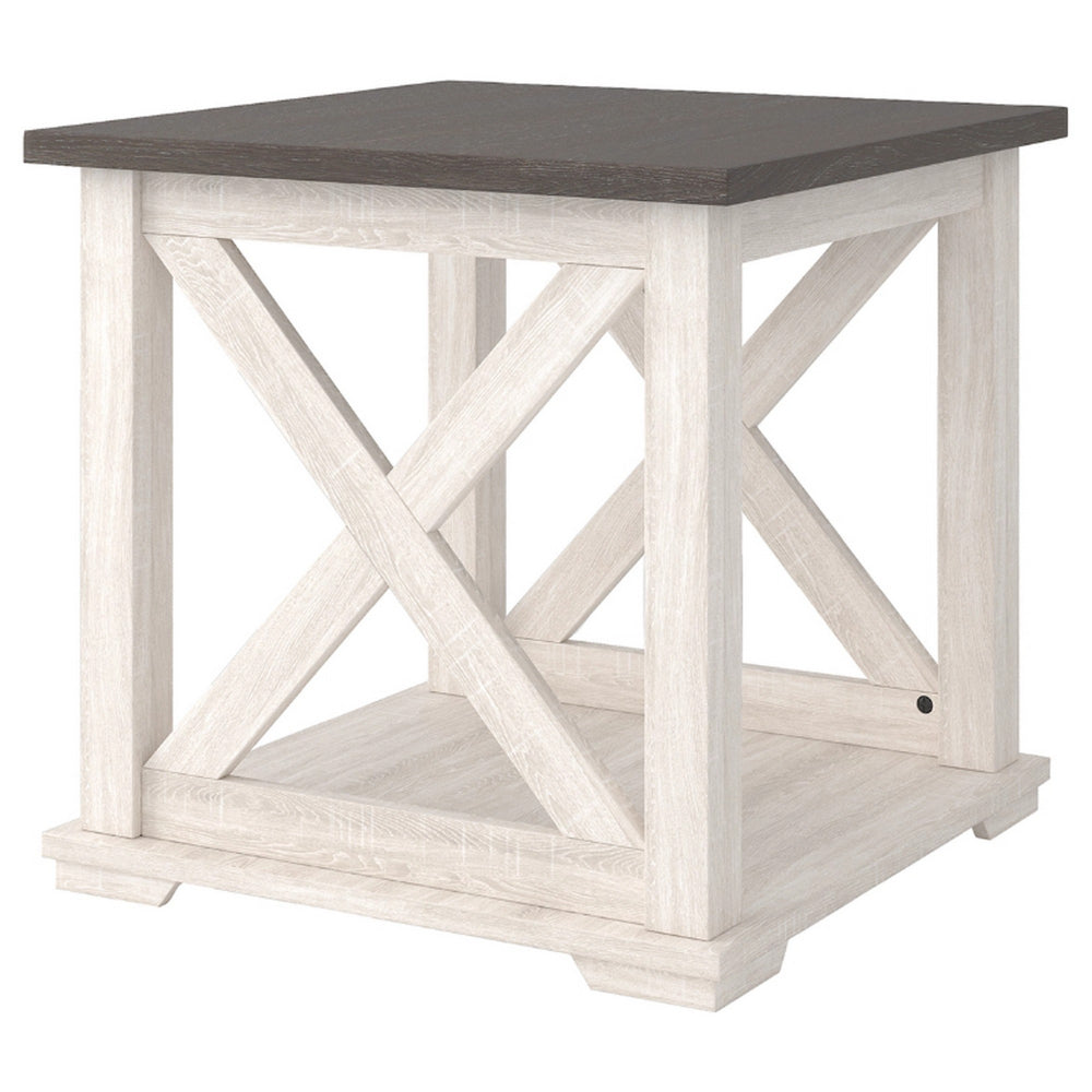 End Table with Bottom Shelf and Cross Buck Design Gray and White BM241859