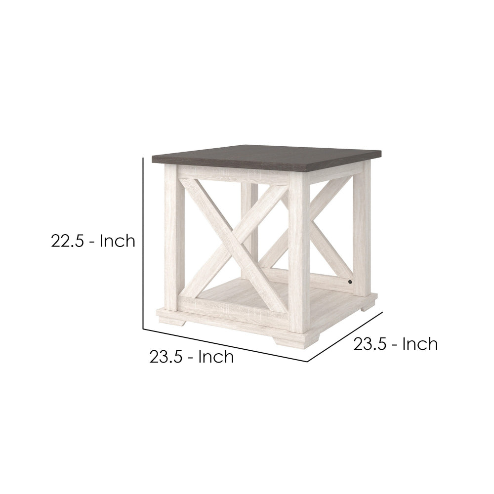 End Table with Bottom Shelf and Cross Buck Design Gray and White BM241859