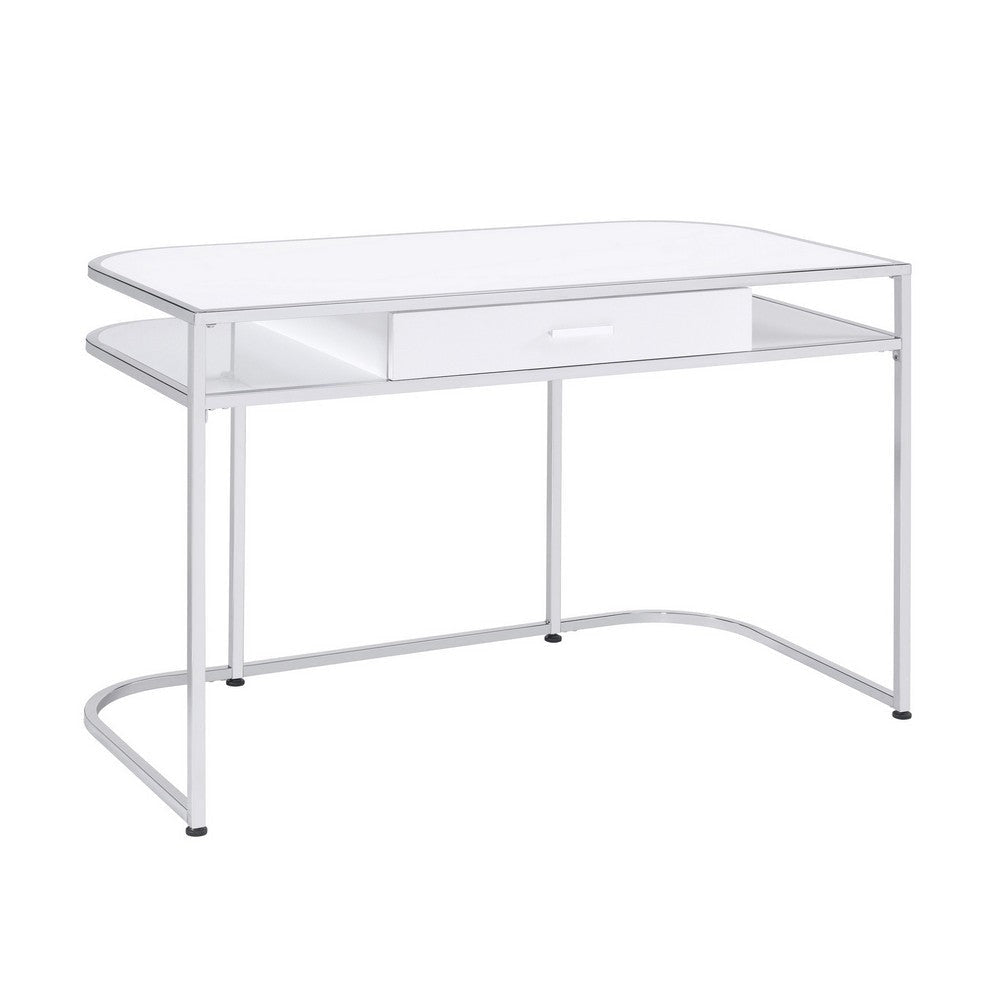 Writing Desk with 1 Drawer and 2 Compartments, White and Chrome By Casagear Home