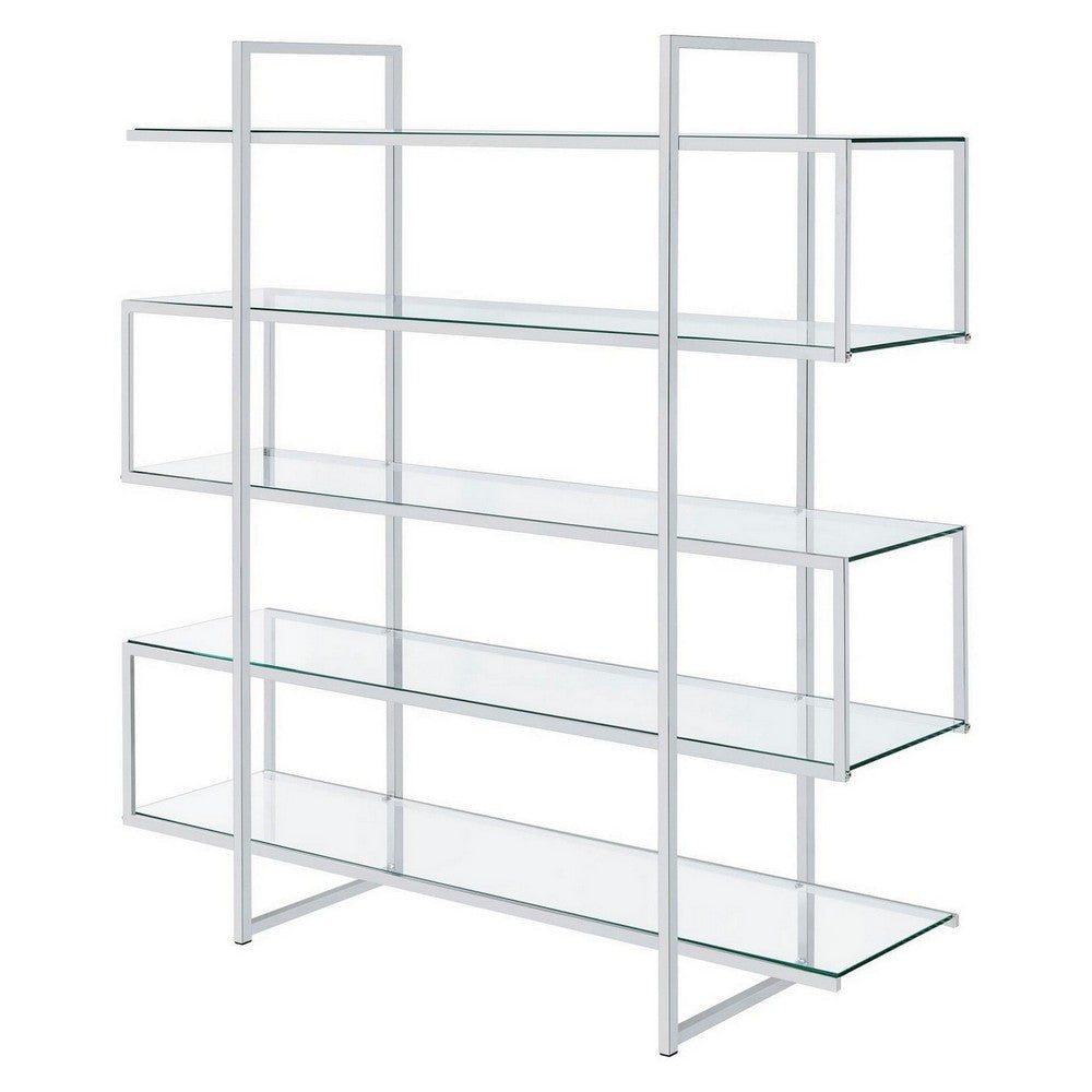 Bookcase with 5 Tempered Glass Shelves and Electroplated Frame Chrome By Casagear Home BM242029