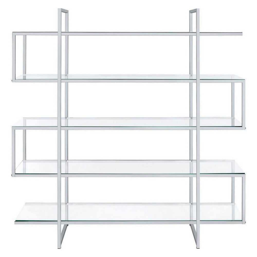 Bookcase with 5 Tempered Glass Shelves and Electroplated Frame Chrome By Casagear Home BM242029