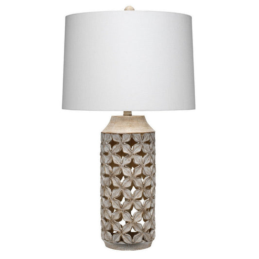 Resin Table Lamp with Geometric Cutouts, White and Gray By Casagear Home