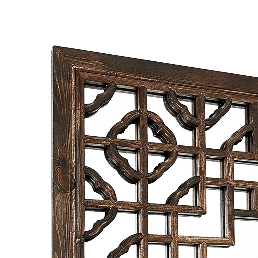 Mirror with Square Wooden Frame and Quatrefoil Motif Front Brown By Casagear Home BM242218