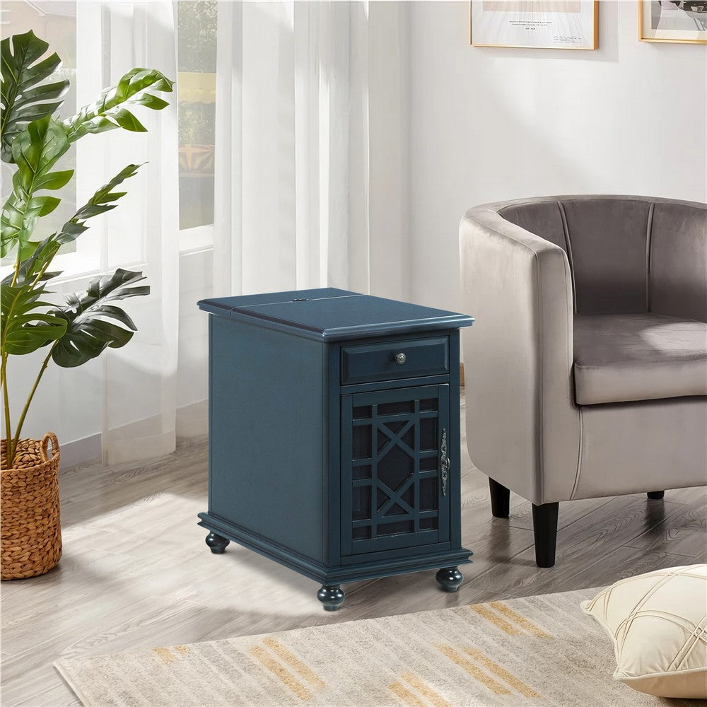 Chairside Table with 1 Drawer and 1 Trellis Door Blue By Casagear Home BM242278