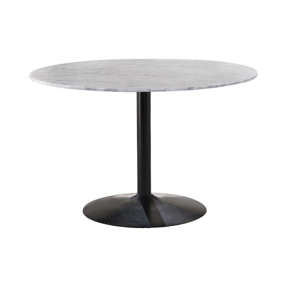 Dining Table with Marble Top and Metal Flared Base White and Black By Casagear Home BM242697