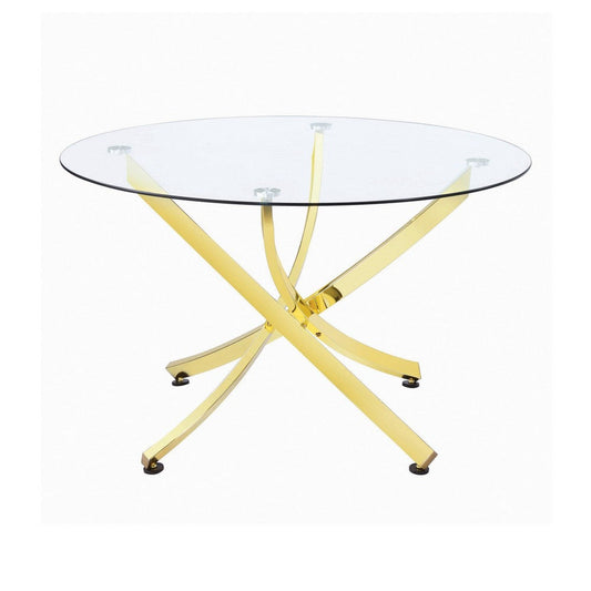 Dining Table with Glass Top and Curved Design Metal Base, Gold By Casagear Home