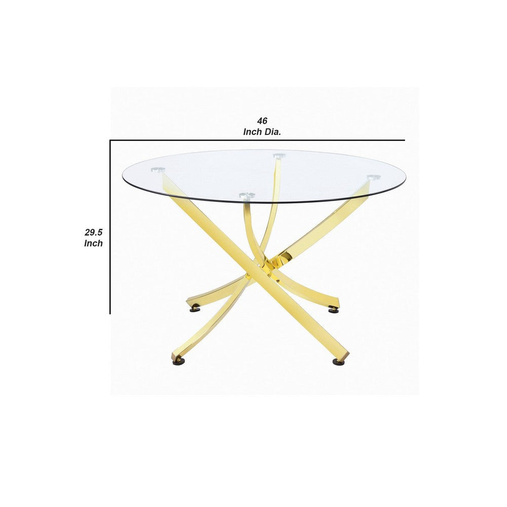 Dining Table with Glass Top and Curved Design Metal Base Gold By Casagear Home BM242698