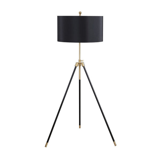 Floor Lamp with Drum Shade and Sleek Metal Tripod Legs, Black and Gold By Casagear Home