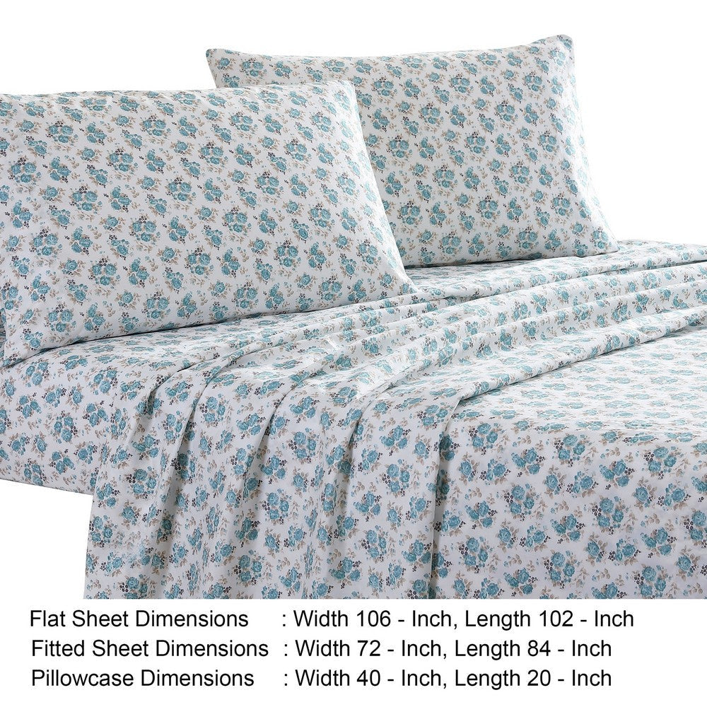 Veria 4 Piece Rose Print California King Bedsheet Set The Urban Port White and Blue By Casagear Home BM242744