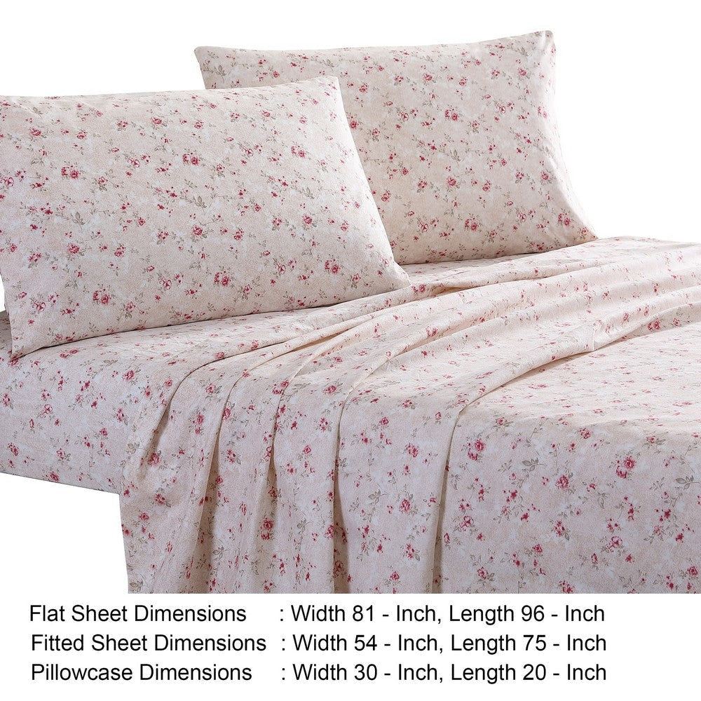 Veria 4 Piece Full Bedsheet Set with Floral Print The Urban Port Pink By Casagear Home BM242746