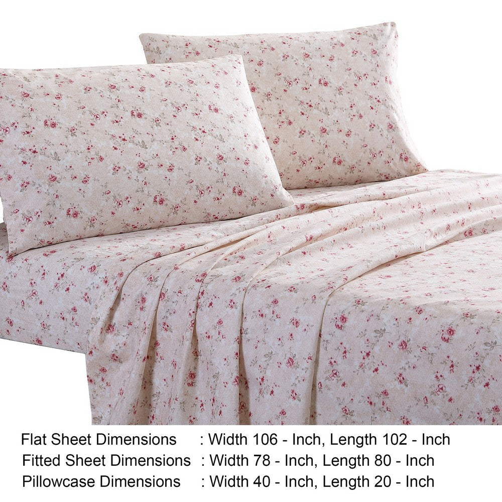 Veria 4 Piece King Bedsheet Set with Floral Print The Urban Port Pink By Casagear Home BM242748