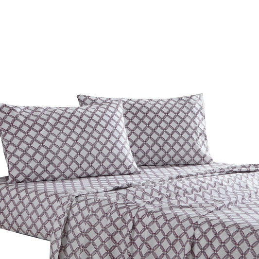 Veria 4 Piece Full Bedsheet Set with Celtic Knot Print The Urban Port, White and Gray By Casagear Home