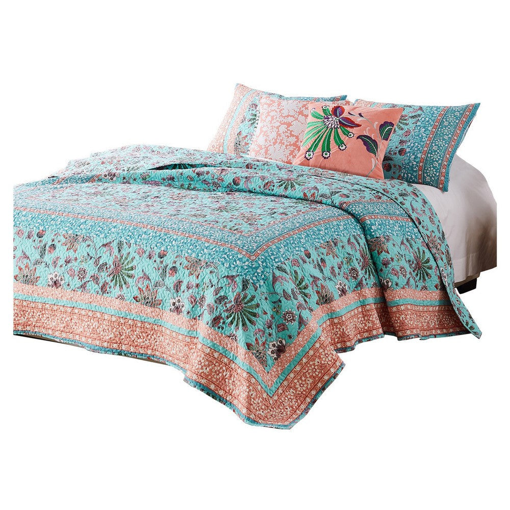 3 Piece Full Queen Quilt Set with Floral Print Blue and White By Casagear Home BM245652