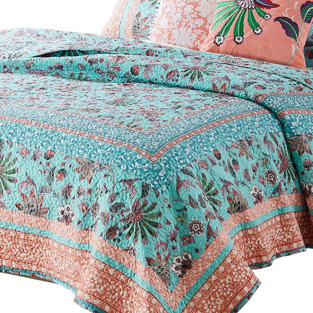 3 Piece Full Queen Quilt Set with Floral Print Blue and White By Casagear Home BM245652