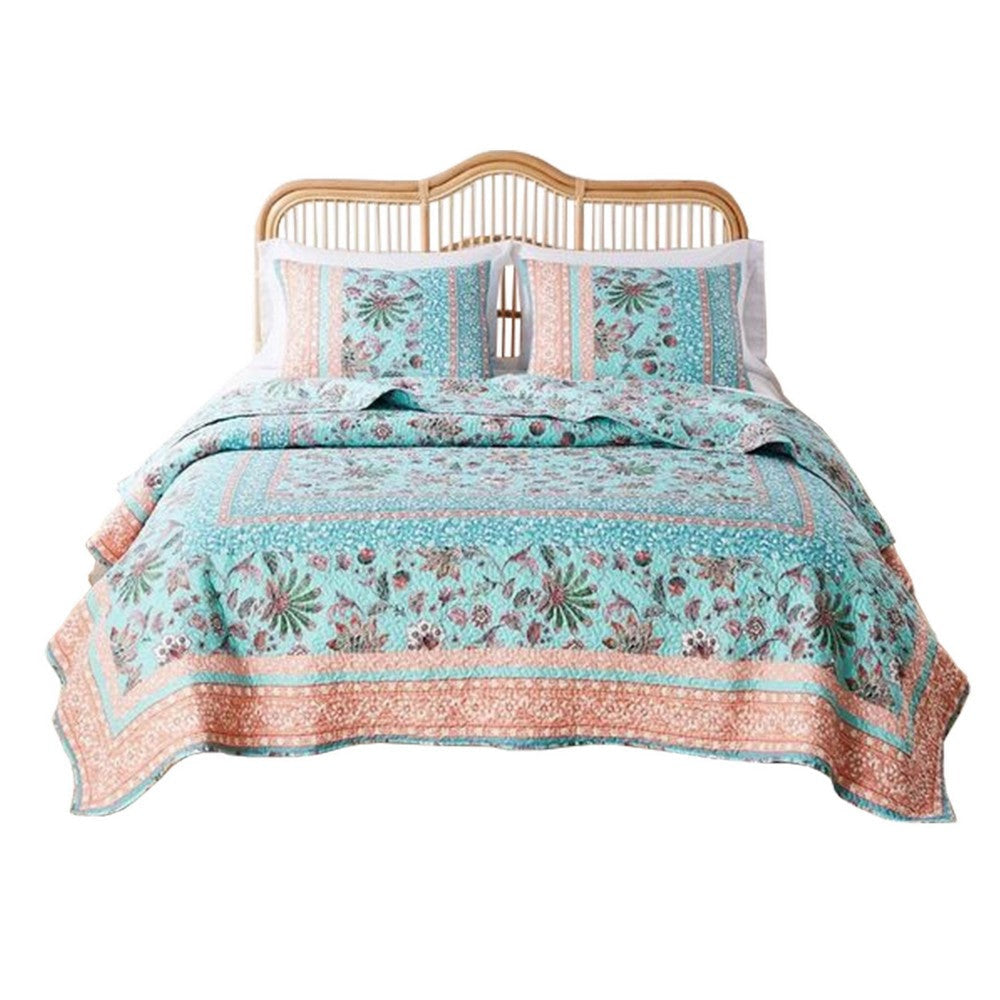 3 Piece Full Queen Quilt Set with Floral Print, Blue and White By Casagear Home