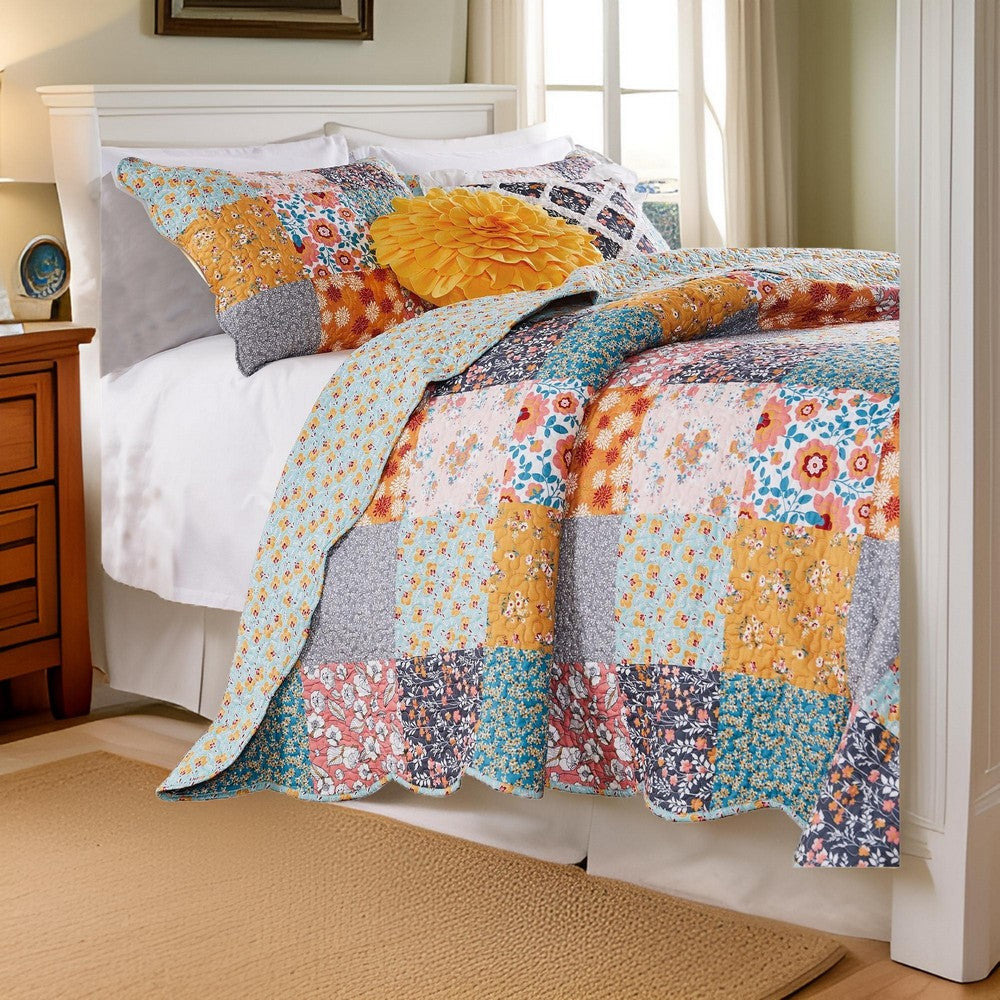 3 Piece King Quilt Set with Floral Print Multicolor By Casagear Home BM245656