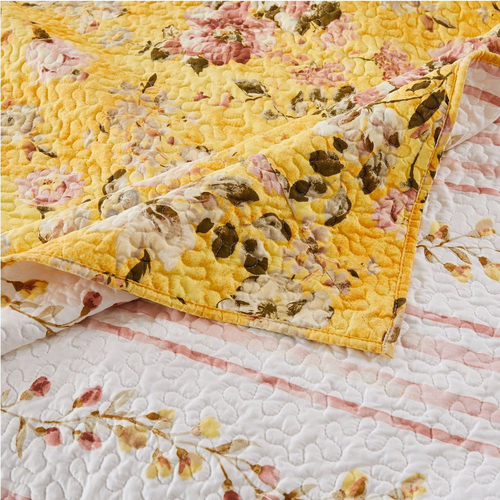 3 Piece Full Queen Quilt Set with Floral Print Yellow By Casagear Home BM245659