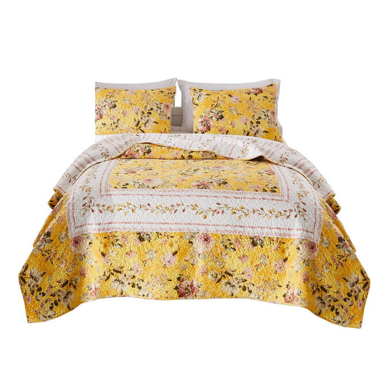 3 Piece Full Queen Quilt Set with Floral Print, Yellow By Casagear Home