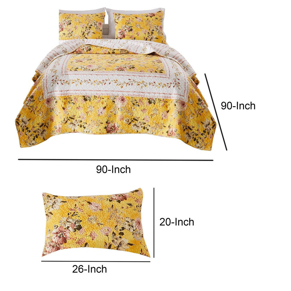 3 Piece Full Queen Quilt Set with Floral Print Yellow By Casagear Home BM245659