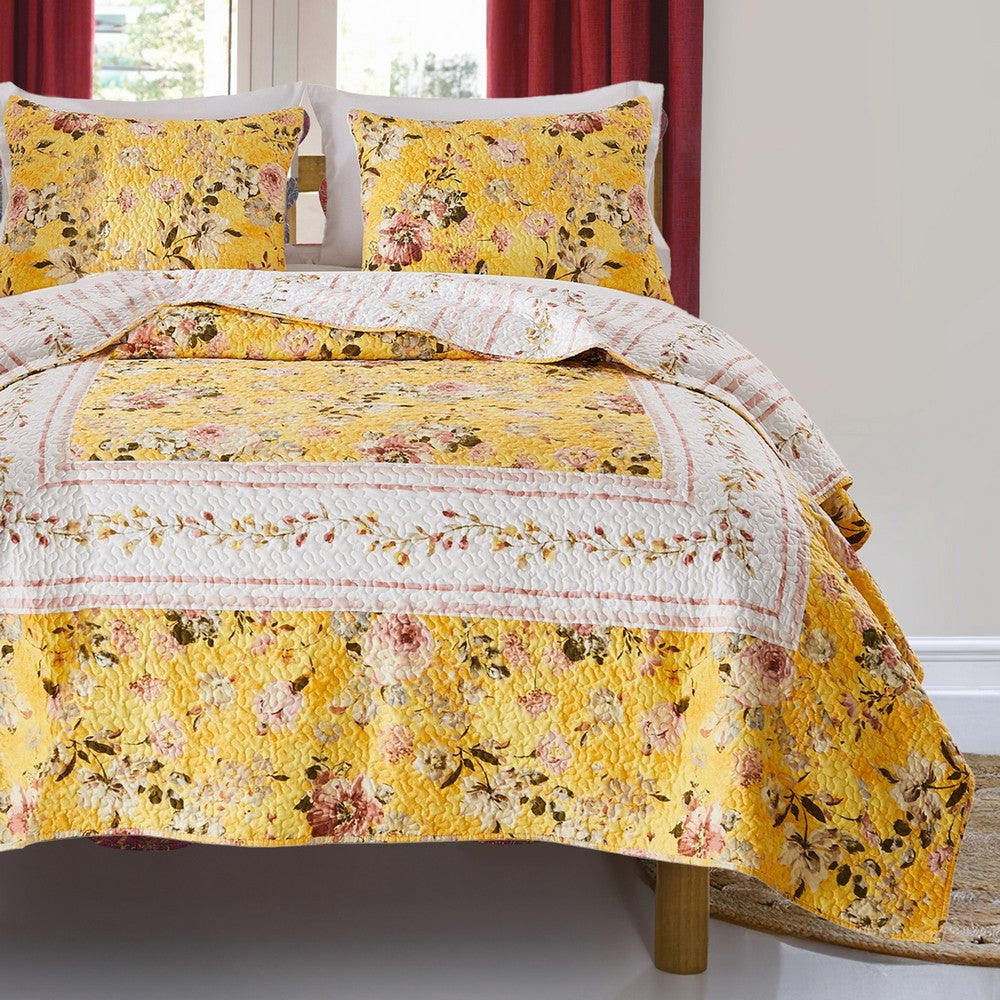 3 Piece Full Queen Quilt Set with Floral Print Yellow By Casagear Home BM245659