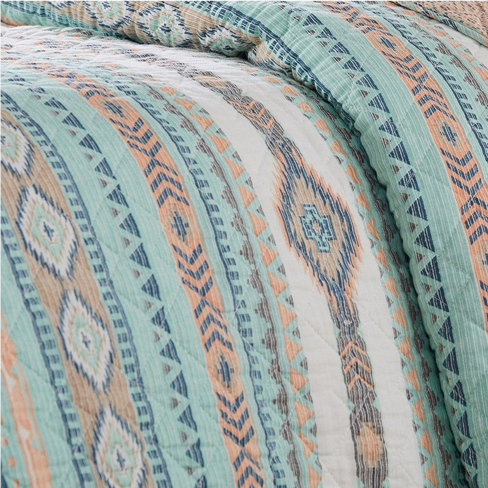 3 Piece Full Queen Quilt Set with Geometric Pattern Blue By Casagear Home BM245665