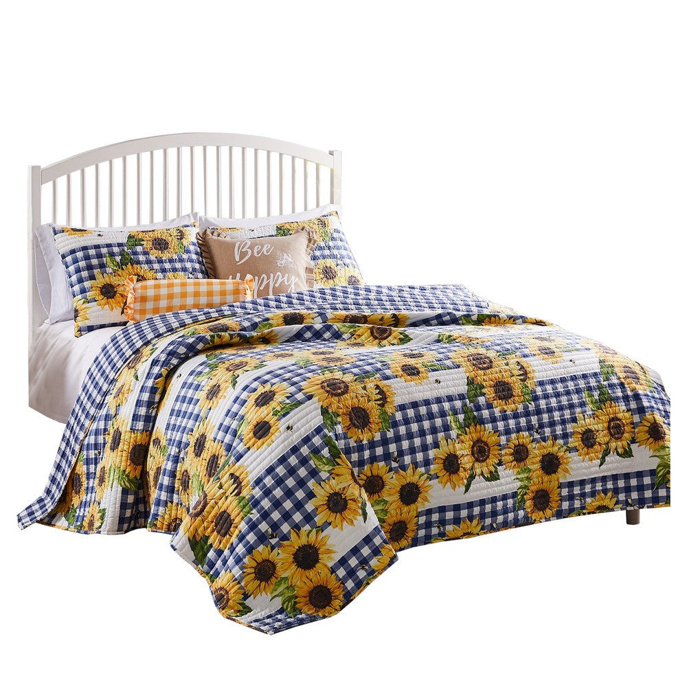 3 Piece King Quilt Set with Sunflower Print, Yellow By Casagear Home