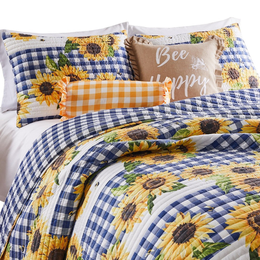 3 Piece King Quilt Set with Sunflower Print Yellow By Casagear Home BM245669