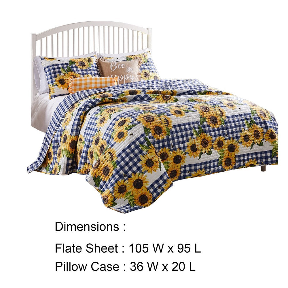 3 Piece King Quilt Set with Sunflower Print Yellow By Casagear Home BM245669