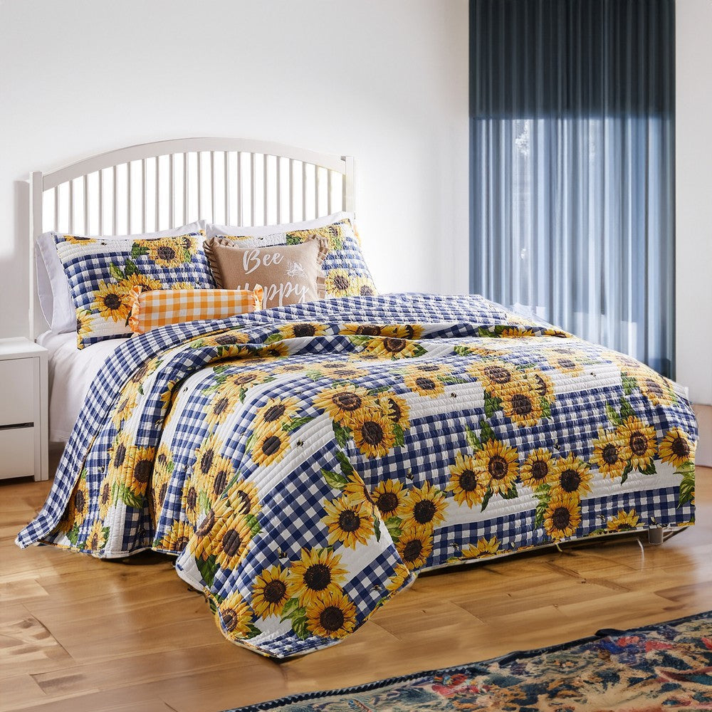 3 Piece King Quilt Set with Sunflower Print Yellow By Casagear Home BM245669