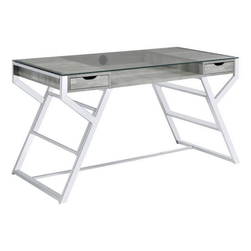 Glass Top Writing Desk with 2 Drawers, Gray and Chrome By Casagear Home